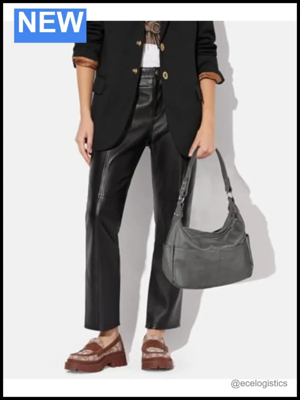 Genuine Leather Hobo Shoulder Bag with 2 Compartments & Pockets